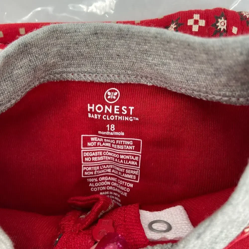 Honest Baby Pajama Size 18 Months Red Fair Isle Snowflake Organic‎ Cotton Footed